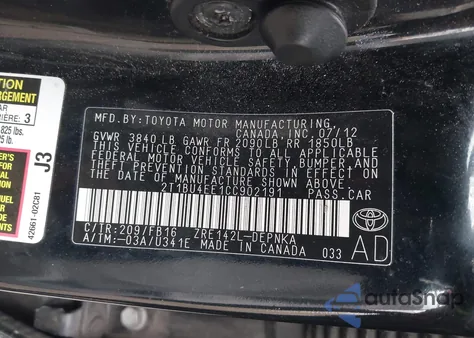 2012 Toyota Corolla Le z USA, uszkodzony, nr VIN 2T1BU4EE1CC902191